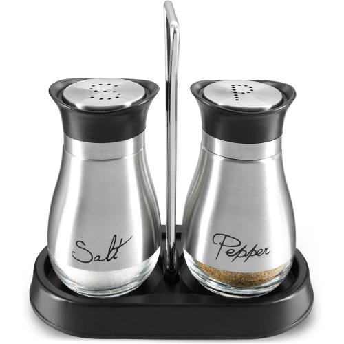 Juvale Stainless Steel Salt and Pepper Shakers Set with Holder, Refillable, Clear Glass Bottoms, Screw-Off Perforated S and P Caps for Kitchen Table Decor (4oz)