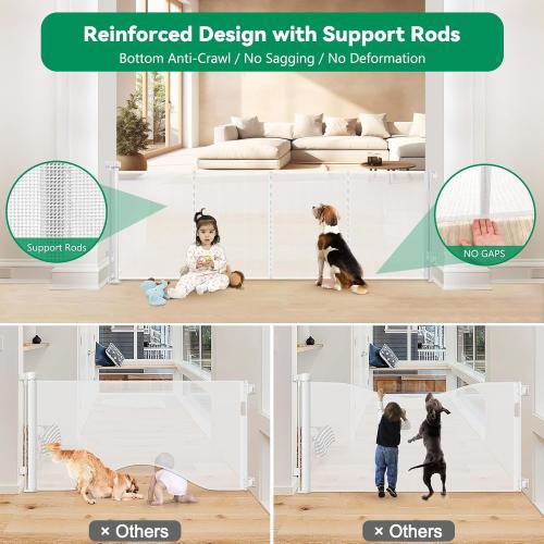 Reinforced 85 Inch Wide Retractable Dog Gate Extra Long Baby Gate with Support Rods – Prevent Crawling Under, Indoor Extra Wide Retractable Baby Gate Retractable Gate Outdoor Gates for Decks, White