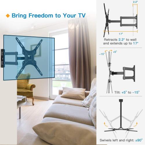 Black Full Motion TV Wall Mount Bracket Articulating Arms Swivels Tilts Extension for Most 26-55 Inch LED LCD Flat Curved Screen TVs, Max VESA 400x400mm up to 66lbs by Pipishell
