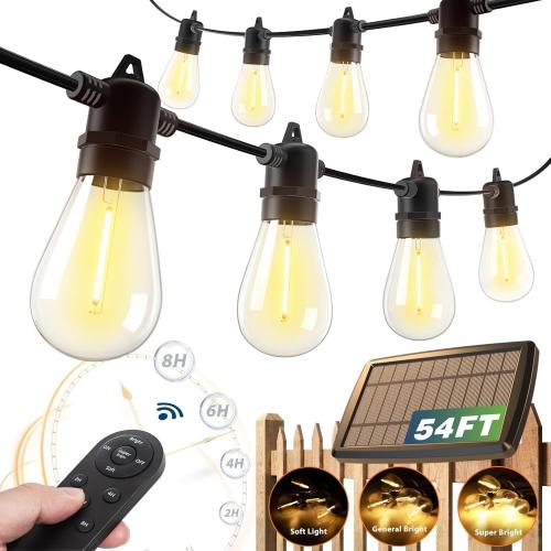 Black addlon 54FT Solar String Lights Outdoor Waterproof with USB Charging & Remote Control - Dimmable Solar Power Patio Lights with 26 LED Bulbs for Porch, Garden, Yard, Market, Bistro - Lasts 20  Hrs