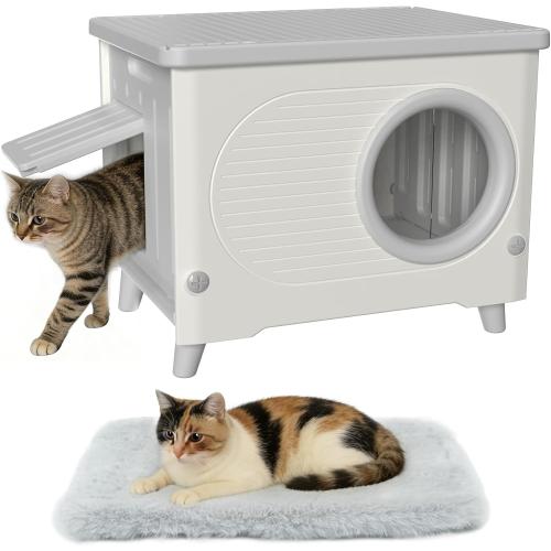 Weatherproof Cat Houses for Outdoor Cats with Escape Door,Door Flap,Grey | Made of Heavy-duty HDPE Plastic, Elevated Stackable, Insulated Feral Cat Shelter, All-season Use, Ideal for Yard, Porch Barn