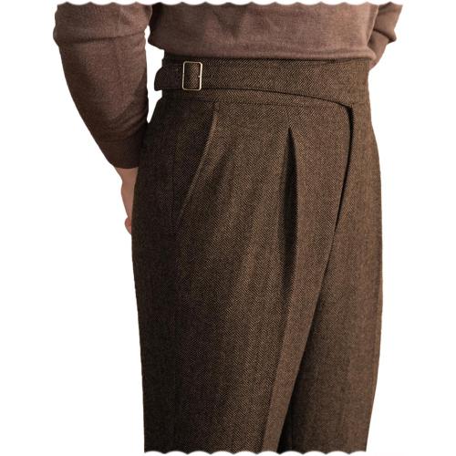 Size 32 Men Trousers Vintage Tweed Blend Pants Herringbone Slim Fit Pleat-Front Pant