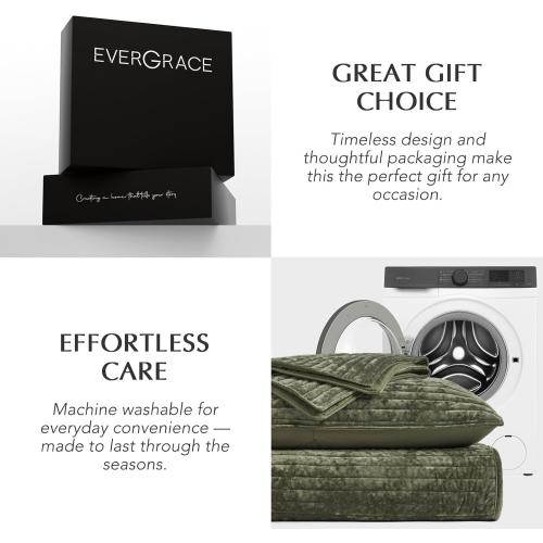 EVERGRACE Velvet Quilt Set Queen Size, Luxurious Soft Striped Channel Bedding Set, Lightweight Velvet Comforter for All Season, Quilted Bedspread Coverlet with 2 Matching Shams, Olive Green