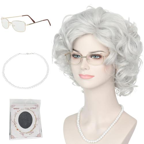 Yan Dream Old Lady Wigs Old Woman Costume Set Silver Grey Grandma Wig Granny Glasses Pearl Necklace for Halloween