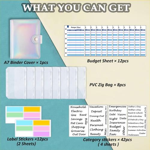A7 6 Ring Budget Binder with Zipper envelopes, Budget Book Label and Category Stickers, Budget Sheet Refill Paper for Men and Women(Harphia, 145F)