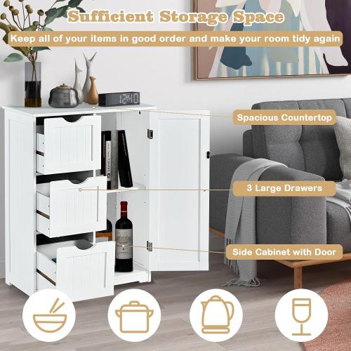Wooden Freestanding Cabinet w/Adjustable Shelf, 3 Drawers & 1 Door, for Bathroom, Living Room, Entryway & Kitchen