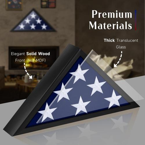 Glass Front Flag Display Case for 5' x 9.5' Folded Burial Flag, Black Solid Wood Frame, Wall Mount Military Flag Box Display Case for Veterans