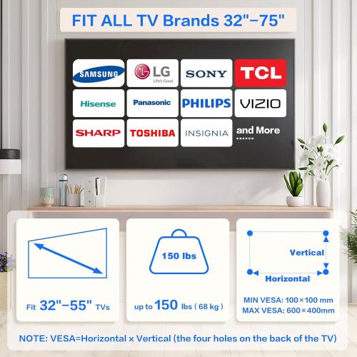 No Drill Drywall TV Mount, No Stud TV Wall Mount for 32-75 Inch Most Brand TVs up to 150lbs, Easy Install no Stud Studless TVs Wall Mount, Included All Hardware-Level Bubble Meter