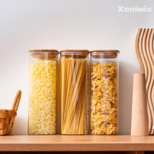 3-Pack 2.2Qt Square Glass Spaghetti Jars with Bamboo Lids
