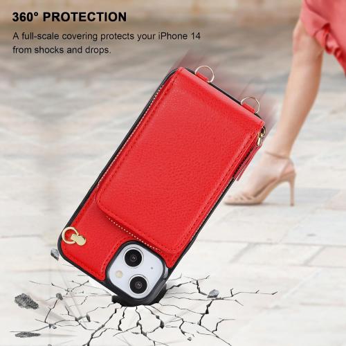 KIHUWEY Crossbody Wallet Case for iPhone 13 iPhone 14, Zipper Pocket Case with Card Holder, PU Leather RFID Blocking Protective Cover Case with Kickstand Detachable Wrist Strap Lanyard 6.1 (Red)