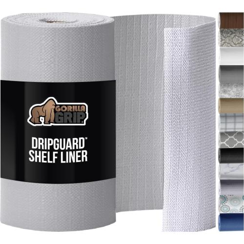 GORILLA GRIP DripGuard Shelf Liner, Non-Adhesive Drawer and Kitchen Cabinet Protector, Strong Grip Slip Resistant Underside, Smooth Surface Liners for Cabinets, Bathroom Closets 17.5x240 In Light Gray