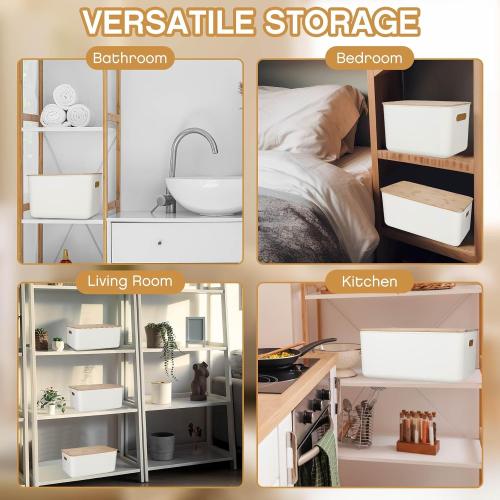 Suzile 6 Packs Plastic Storage Bins with Bamboo Lids Christmas Stackable Storage Containers for Xmas Decoration Ornaments Document Paper Organizing, with Labels and Marker(Multiple Size)