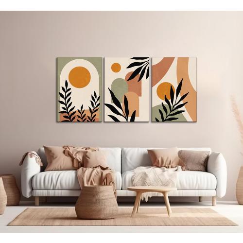 3 Pcs Mid Century Modern Boho Sun Canvas Wall Art Neutral Abstract Minimalism Bohemian Mountains Plants Pictures Wall Decor Posters Prints Artwork for Bedroom Living Room Home Decoration