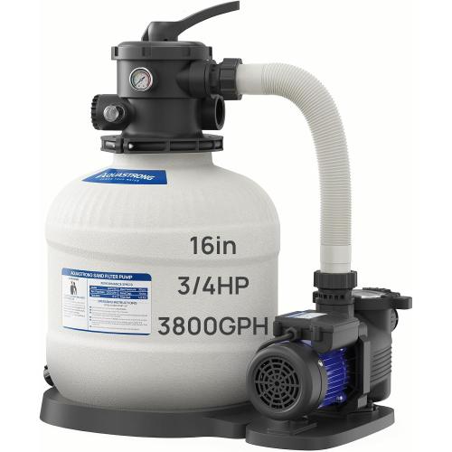 AQUASTRONG 16in Sand Filter Pump for Above Ground Pool, 3/4 HP Pool Pumps Above Ground 3800 GPH for Pools up to 16000 GAL, Sand Pool Filter with 6-Way Valve, Improved Circulation and Filtration