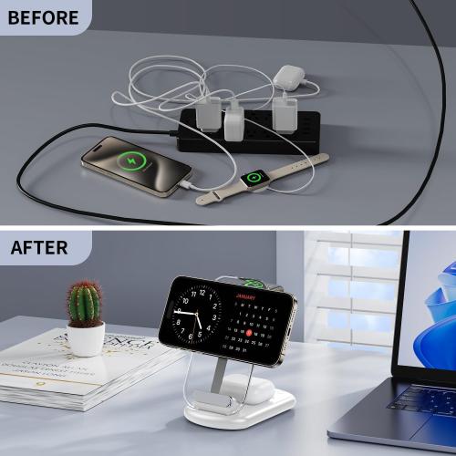 RYND 2026 Traveling Wireless Mag-Safe Fast Charging Station | Magnetic 3 in 1 Charger with Light for iPhone 17 16 15 14 13 12 Pro Max Plus,Apple Watch& Air pods 4 3 2 Pro(White)