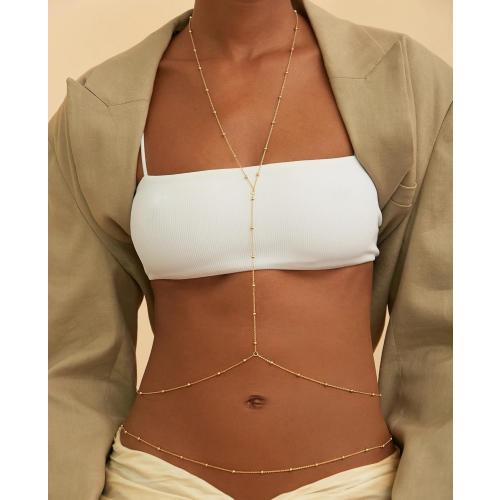 14K Gold Plated Body Chain for Women, Rhinestone Layered Belly Waist Chain, Adjustable Crossover Bikini Bra Body Jewelry with Extension Chain