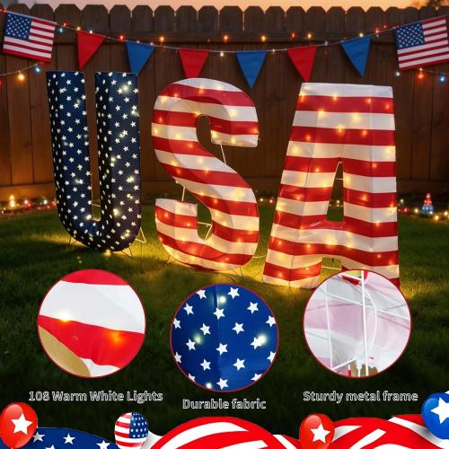 USA 250th Anniversary Light Up Letters, 108 LED Patriotic Yard Decorations, 2.36 FT Outdoor Lighted USA Sign for America 250 Celebration, 4th of July Front Yard Lawn Garden Porch Decor