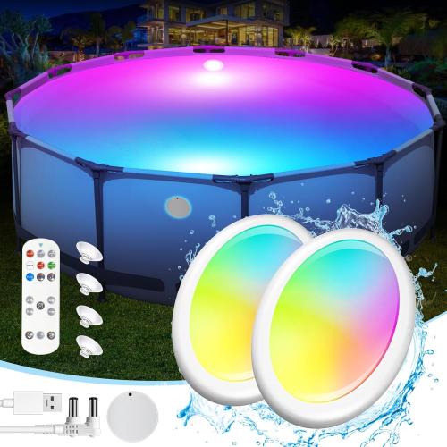 Rechargeable Submersible Pool Lights for Above Ground Pools Waterproof, Underwater LED Pool Lights for Inground Pool with Remote,Magnetic Swimming Pools Light for Hot tub,Spa-2PCS