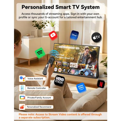 HotYeah Portable Smart TV, EDLA-Certified, 23.8 1080P 2-in-1 Rolling TV & Monitor, w/Built-in 10000mAh Battery, Support Voice Control, USB-C & HDMI, 180° Adjustable Kickstand