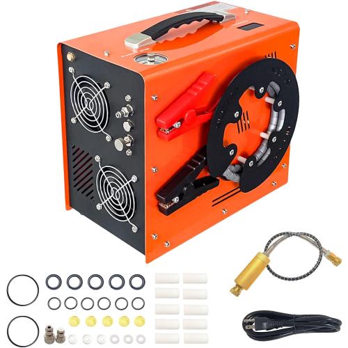 Pcp Air Compressor,Built-in Converter Water-Oil Filter,Auto Stop,Oil/Water Free,Unique Vertical Wire Spool Portable Design,Powered by Car 12V DC or Home 110V AC for Paintball Scuba Tank