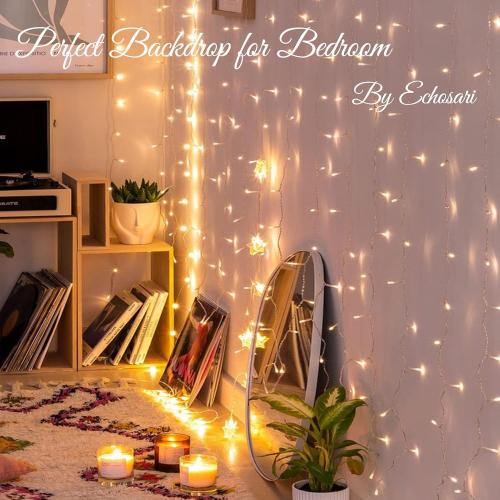 echosari 300 LED Curtain Lights Battery Operated, 9.8ft×9.8ft Hanging Light with Remote Timer Fairy Curtain Lights for Bedroom Patio Wedding Backdrop Party Decór (Warm White)