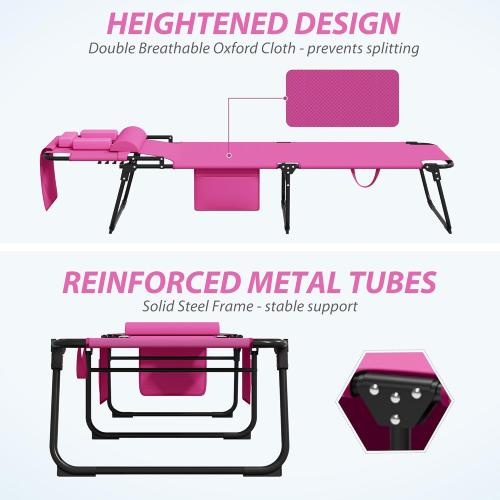 400lbs Tanning Chair with Face Hole, 5-Position Folding Chaise Lounge Chair with Side Pockets, Portable Beach Lounge Chair for Outdoor Sunbathing Patio Pool Lawn, Pink