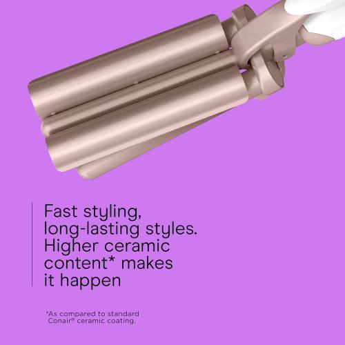 Conair Double Ceramic 3 Barrel Curling Iron, Hair Waver, Create Beachy Waves, Long-Lasting Natural Tight Waves for all Hair Lengths, White / Rose Gold