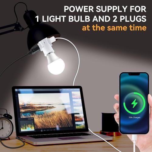 Enhon 2 Pack Light Socket Outlet Adapter, 2/3 Prong Light Socket to Plug Adapter, E26/E27 Heat Resistant Lamp Bulb to 2/3 Prong Plug Outlet Splitter Converter for Garage Porch Indoor Outdoor