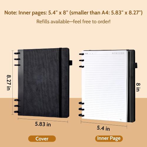 Yoment Leather Notebooks for Work Refillable 224 Page Lined Journal for Men, 100 GSM Thick 5 Subject Notebook with Removable Dividers Tabs Hardcover Notebook for School Note Taking 6.1 x 8.3,Black