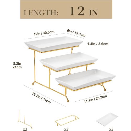 MALACASA 3 Tier Serving Trays for Party, 12 Inch Porcelain White Trays for Serving Food, Dessert Stand with Collapsible Gold Metal Rack