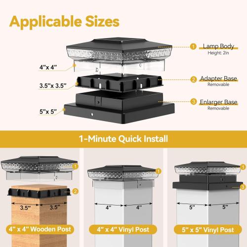 Solar Post Cap Lights, 12-Pack Upgraded Outdoor Deck Fence Post Solar Lights for 4x4 5x5 Wood/Vinyl Posts, IP65 Waterproof, 10-12 Hours Warm/Cool White Glow for Garden/Patio/Porch - Black