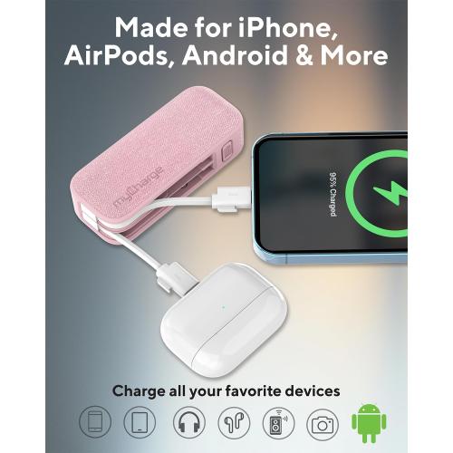myCharge PowerHub Mini Portable Charger for iPhone - 3000mAh & Built in Cables (Lightning, Type C) 12W Turbo USB C Power Bank Fast Charging Battery Pack (Pink)
