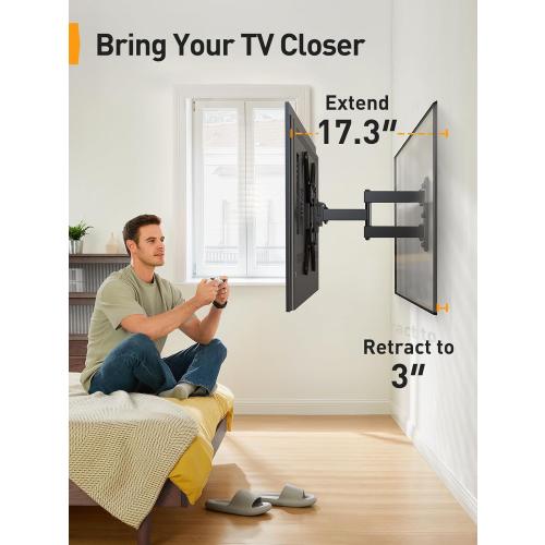 Black Perlegear Full Motion TV Mount for Most 26–65 inch Flat or Curved TVs up to 82 lbs, Wall Mount TV Bracket with Articulating Arms, Tool-Free Tilt, Swivel, Extension, Max VESA 400x400mm, PGMF3