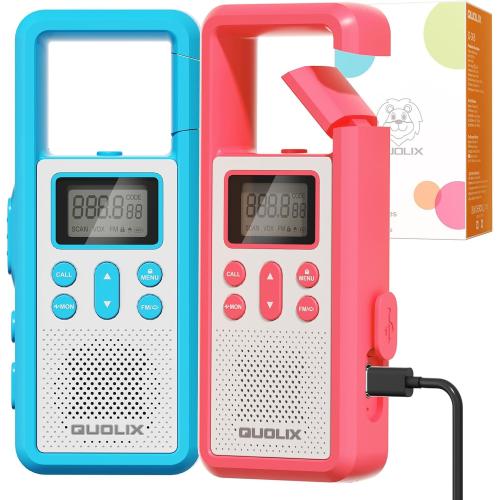 Pink and Blue 2 Pack QUOLIX Walkie Talkies for Kids Rechargeable, Kids Walkie Talkies with NOAA & VOX, 1020mAh Battery Toys for 3-12 Year Old Boys Girls, Durable Outdoor Gift for Camping, Hiking, Backyard Games (2 Pack)