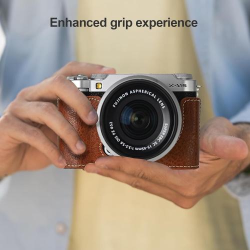 VOVMOEYA Protective Camera Case for Fujifilm XM5 Mirrorless Camera,Fuji X-M5 Camera Case Fuji XM5 Half Case With Front Cover With Shoulder Strap Full Protection Snap Button-COFFEE