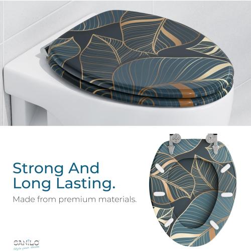 SANILO Wooden Toilet Seat with Soft Close [ELONGATED] - Decorative, Quiet & Slow Close Molded Wood Seat - With Strong Bumpers & Hinges - Adjustable Fit - Monstera