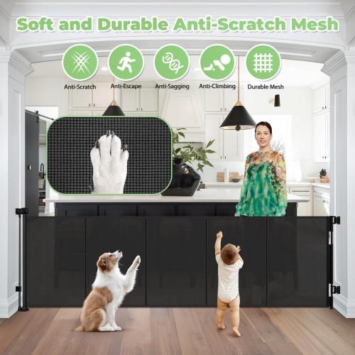 96 Inch Wide Reinforced Retractable Baby Gate with Support Rods, Extra Long Dog Gate Retractable Gate Outdoor Gates for Decks, Prevent Crawling Under Extra Long Baby Gates for Large Openings, Black