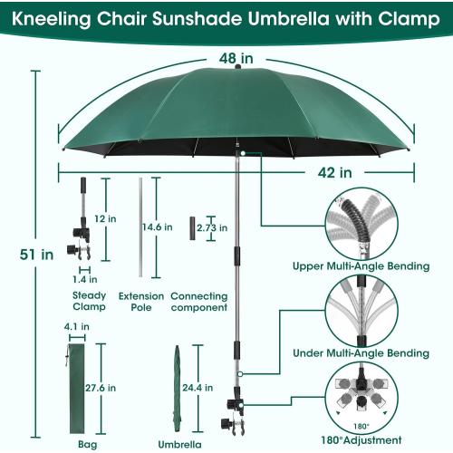2-in-1 Garden Kneeler with Umbrella, Garden Kneeling Bench & Green Umbrella, Portable Garden Stool Loads Capacity 330lb and Garden Tools Bag with bottle holder, Gardening Gifts for Women,Men,Seniors