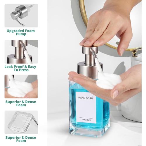 Foaming Soap Dispenser, 12oz/350ml Glass Foaming Hand Soap Dispenser Set,Refillable Foam Dispenser with Foaming Pump, Labels, Square Hand Dispenser for Bathroom, Kitchen 1 Pack
