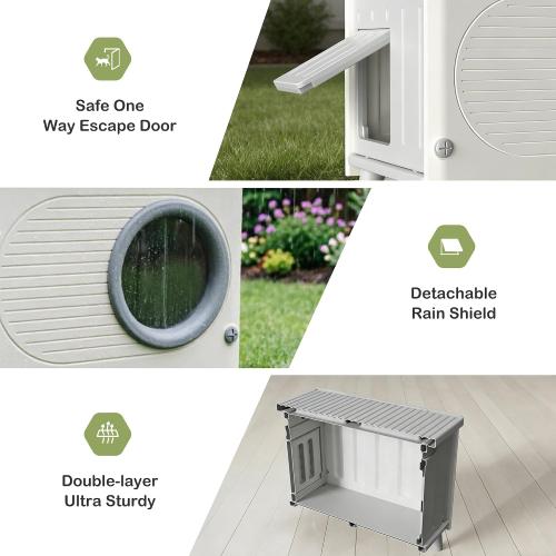 Weatherproof Cat Houses for Outdoor Cats with Escape Door,Door Flap,Grey | Made of Heavy-duty HDPE Plastic, Elevated Stackable, Insulated Feral Cat Shelter, All-season Use, Ideal for Yard, Porch Barn