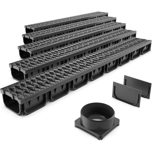 Vodaland - 4 Inch Trench Drain System with Grate - Black - Easy 2 (5 Pack)