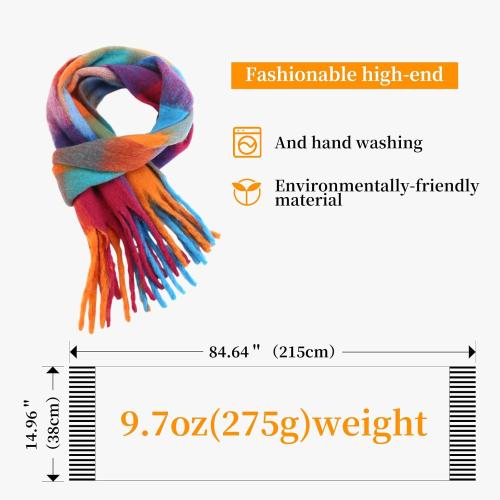 Winter Warm Super Soft Rainbow Long Shawl,Women's Faux Cashmere Knitted Thick Blanket Scarf,Tassels Scarf
