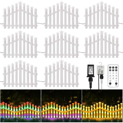 White Garden Picket Fence Lights 8 Pack, 11 Modes Fence Lights with Remote,13.8 x 11 inch Christmas Tree Fence Lights Plug in,Plastic White Edgings Garden Picket Fence Lights for Landscape Patio Yard Xmas