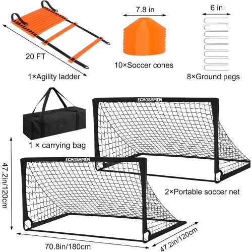 Kids Soccer Goals for Backyard, 2 of 6 x 4 ft Kids Soccer Goal Set Soccer Net with 10 Soccer Cones, Agility Ladder & Carry Bag, Portable Soccer Training Equipment.