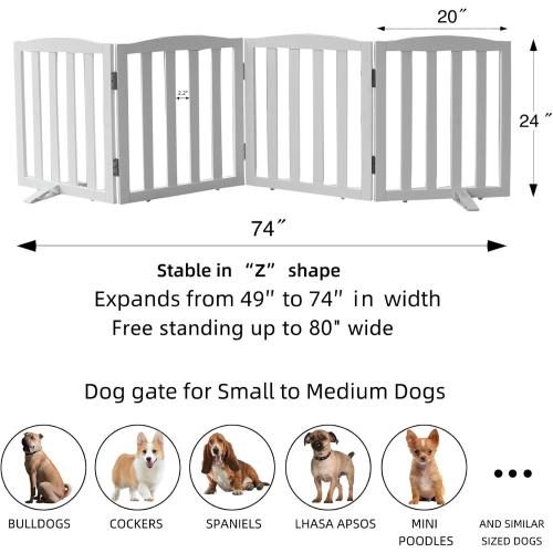 Freestanding Dog Gate Indoor,Doggie Gate Foldable Dog Gates for Doorways,Stairs or Hallways, Wooden White Pet Gate for the House, Pet Fence with Support Feet Included,24 Height-4 Panels