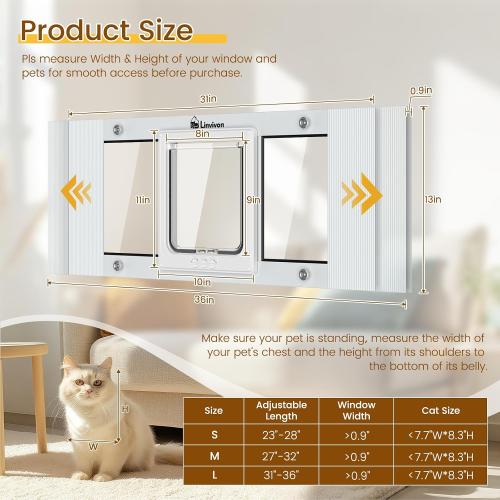 Cat Door for Window, Quick Installation Adjustable Width of 31-36, Cat Window Door with 4 Locking Modes, Magnetic Closure Design, Weatherproof Aluminum Frame Cat Door Window Insert