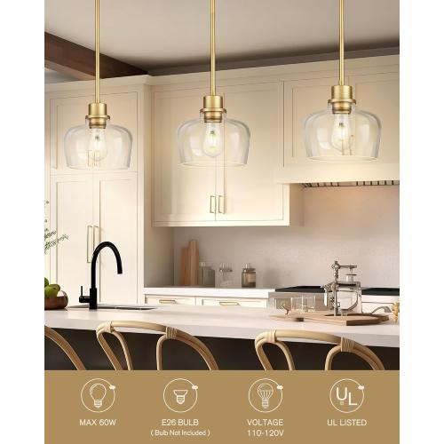 Emak 8 Inch Clear Glass Pendant Lights Kitchen Island, Modern Gold Pendant Light Fixtures for Kitchen, Bathroom, Bedroom, Dining Room, PL122-GD-CG