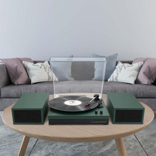 LP&No.1 Record Player with Stereo Bookshelf Speakers, Vintage 3-Speed Belt Drive Turntable, Wireless Input, RCA Output, Auto Stop Function | Dark Green
