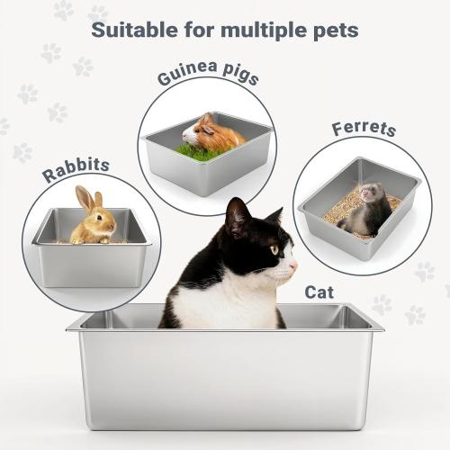 Kirecoo Stainless Steel Cat Litter Box - Metal High Sided Cat Pan, Large Stainless Steel Box, Indoor Litter Tray, Non Stick, No Smell, Easy to Clean, Pet Toilet Supplies for Kitten, Kitty, Rabbit