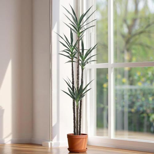 Artificial Tree 7ft Faux Agave Plant with 60 Leaves and 4 Realistic Trunks,Fake Floor Potted Artificial Tall Plants for Home Office Garden Decor Indoor (7Feet,1Pack)